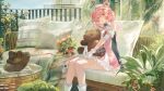  1girl ahoge balcony bandaged_arm bandaged_fingers bandaged_hand bandaged_leg bandages bandaid bandaid_on_leg bandaid_on_thigh bare_shoulders black_bow black_bowtie blush boots bouquet bow bowtie chiz_(neverness_to_everness) collar couch detached_collar dress ergouzi_echo fence flower frilled_sleeves frills hair_ornament hair_rings hat highres hugging_object leaf looking_at_viewer neverness_to_everness nurse_cap nurse_dress pillow pink_dress pink_eyes pink_hair plant short_hair sitting solo stuffed_animal stuffed_toy sunlight table teddy_bear white_boots white_collar x_hair_ornament yellow_flower 