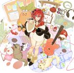  1girl ai_kotoba_v_(vocaloid) analog_clock ange_katrina ange_katrina_(1st_costume) ankle_boots arm_up baseball_cap bidoof black_boots black_bow black_coat blue_eyes blush book boots bow brown_boots brown_cat calendar_(object) cardigan cat character_doll clock coat collared_dress crossed_bangs danganronpa_(series) desk dog doll dress electric_guitar fisheye from_above full_body glasses_hair_ornament grin guitar hair_between_eyes hair_bow hair_intakes hair_ornament hat headphones highres instrument lantern long_bangs looking_at_viewer mandragora_(ange_katrina) medium_hair monokuma nijisanji open_book page_of_lambda paper_lantern pineapple_on_pizza_(game) pinky_out plant pokemon pornography potted_plant red_cardigan red_hair red_hat sebastian_piyodore shelf short_dress single_off_shoulder sitting smile so_yasu_sada solo string string_of_fate string_of_flags too_many_hair_ornaments toy_train triangle_hair_ornament unworn_eyewear unworn_hat unworn_headphones unworn_headwear virtual_youtuber white_dog white_dress wide_sleeves 