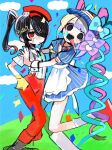  2girls ame-chan_(needy_girl_overdose) black_hair blonde_hair blue_bow blue_dress blue_hair bow chouzetsusaikawa_tenshi-chan dress dual_persona gloves hat highres looking_at_viewer mesmerizer_(vocaloid) multicolored_hair multiple_girls multiple_hat_bows naishukketsukata needy_girl_overdose pants pink_bow purple_bow quad_tails red_eyes red_hat red_pants red_shoes sharp_teeth shirt shoes short_sleeves socks striped_clothes striped_shirt suspenders teeth twintails vertical-striped_clothes vertical-striped_shirt visor_cap waitress white_socks yellow_gloves 