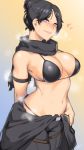  1girl absurdres apex_legends armlet bangs bare_shoulders bikini black_bikini black_hair black_pants black_scarf blush breasts camouflage_scarf cleavage commentary_request dyun0089 grey_eyes hair_bun heart highres large_breasts navel pants parted_bangs parted_lips scarf stomach sweat swimsuit wraith_(apex_legends) 