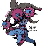  1boy :d black_sleeves blue_hair blue_pants buttons fake_tail fangs fur_hood goggles harurie hat highres humanization hydreigon jester_cap neck_ruff pants patchwork_clothes pokemon puppet short_hair smile solo suspenders tail 