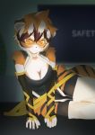  2020 5_fingers amber_eyes anthro arknights black_body black_fur black_hair breasts brelmatsui cleavage clothed clothing eyewear felid female fingers fur glasses hair hi_res kemono lying mammal multicolored_body multicolored_fur multicolored_hair on_side orange_body orange_fur orange_hair pantherine solo tiger video_games waaifu white_body white_fur white_hair 