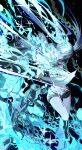  1girl absurdres bikini bikini_top_only black_hair black_rock_shooter black_rock_shooter_(character) black_shorts blue_eyes blue_fire boots chain fire flaming_eye highres holding holding_sword holding_weapon kvr319 long_hair midriff navel shorts solo swimsuit sword twintails very_long_hair weapon 