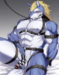  aaassstaro abs anthro bdsm blonde_hair blue_body blue_fur blush buckle canid canine canis censored collar digital_media_(artwork) fenrir_(housamo) flaccid fur genitals hair harness leash male mammal muscular muscular_male nipples pecs penis simple_background sitting solo submissive submissive_male tattoo tokyo_afterschool_summoners video_games wolf 