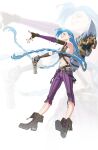  absurdres arcane:_league_of_legends arm_tattoo asymmetrical_bangs braid bullet bullet_necklace cloud_tattoo commentary dreadlocks highres jinx_(league_of_legends) league_of_legends pants pink_pants rocket_launcher shoulder_tattoo stomach_tattoo striped_clothes striped_pants tattoo twin_braids weapon yiguan_li 