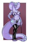  absurd_res anthro big_breasts breasts camel_toe cobra colored dominatrix female hand_on_hip hi_res lavenderpandy non-mammal_breasts reptile riding_crop rubber scalie snake solo whip wide_hips 