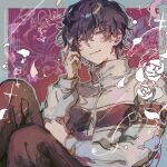  1boy black_hair border brown_pants commentary_request feet_out_of_frame fingernails floral_background flower grey_border grey_eyes grey_outline hair_between_eyes hand_on_own_arm hand_up highres jacket knees_up light_blush light_smile looking_at_viewer male_focus mizuki_hajime multicolored_jacket narrowed_eyes outline outside_border pale_skin pants petals pink_background rose short_hair sideways_glance sitting solo sparkle tennis_no_ouji-sama track_jacket turtleneck twirling_hair two-tone_jacket wavy_hair white_flower white_jacket white_petals white_rose zipper zon_(znzn) 