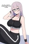  1girl absurdres aqua_eyes arm_up black-framed_eyewear black_pants black_sports_bra black_wrist_cuffs blunt_bangs breasts cleavage closed_mouth commentary double-parted_bangs english_commentary grey_hair highres hololive hololive_indonesia large_breasts long_hair long_sidelocks looking_at_viewer midriff navel no_jacket official_alternate_costume official_alternate_hairstyle pants pavolia_reine pavolia_reine_(6th_costume) sidelocks simple_background sitting smile solo sports_bra steaming_body straight_hair sweat virtual_youtuber watch white_background wrist_cuffs wristwatch yoga_pants yuuta_(yuuta0361) 