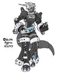  1girl abs aggron armor armored_boots belt blue_eyes boots breasts claws cleavage colored_skin denim denim_shorts facial_mark grey_hair grey_skin hand_on_own_hip harurie highres horns lizard_tail mask mask_on_head medium_hair partial_humanization pokemon shorts solo tail v-bangs white_belt zipper 