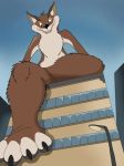 2020 anthro building canid canine canis coyote foot_focus looking_at_viewer macro male mammal nude sitting sitting_on_building sky smile solo street_lamp vegabone 
