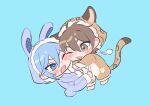  2boys :3 :d absurdres animal_costume animal_hood barefoot blue_background blue_eyes blue_hair blush brown_eyes brown_hair cat_hood cat_tail cheek-to-cheek chibi chibi_only cosplay edmond_(nu_carnival) eiden_(nu_carnival) fur-trimmed_hood fur_trim furrowed_brow hair_between_eyes heads_together highres hood kigurumi leopard_costume male_focus multiple_boys nu_417 nu_carnival one_eye_closed onesie open_mouth outstretched_arms paw_print pom_pom_(clothes) rabbit_costume rabbit_hood rabbit_tail rectangular_mouth smile tail v-shaped_eyebrows yaoi 
