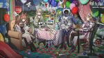  4girls angelina_(arknights) animal_ears arknights arknights:_endfield balloon brown_hair coat copyright_logo copyright_notice elf eyjafjalla_(arknights) eyjafjalla_the_hvit_aska_(arknights) fox_ears fox_girl hair_ornament hairband highres horns indoors kieed logo long_hair looking_at_viewer muelsyse_(arknights) multicolored_hairband multiple_girls official_alternate_costume official_art open_clothes open_coat pink_eyes pointy_ears red_eyes red_hairband sheep_ears sheep_girl sheep_horns striped_clothes striped_hairband twintails two-tone_hairband white_coat yellow_eyes 