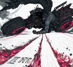  1boy absurdres akira_(manga) akira_slide bandaged_arm bandaged_hand bandages batman batman_(series) biker_clothes black_cape black_mask blood bodysuit cape commentary copyright_name dc_comics debris english_commentary gloves grey_bodysuit grey_gloves highres male_focus mask motor_vehicle motorcycle on_motorcycle rxzarx solo the_batman_(2022) weapon 