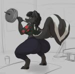 absurd_res anthro arm_tattoo barbell barbell_squats black_hair bodily_fluids clothing crouching daukus exercise female green_eyes hair hi_res highlights_(coloring) leggings legwear looking_at_viewer looking_back looking_back_at_viewer mammal markings mephitid musk raised_tail shirt skunk solo striped_markings striped_tail stripes sweat tail tail_markings tank_top tattoo topwear weightlifting white_highlights workout