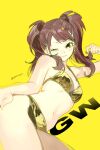  1girl bikini blush bow brown_hair cowboy_shot earrings gold_bikini groin hand_on_own_ass hand_rest highres holding_own_hair jewelry kujikawa_rise lying meameeea medium_hair on_side one_eye_closed persona persona_4 sidelocks smile solo swimsuit twintails twitter_username yellow_bow yellow_eyes 