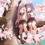  2girls :d ahoge alternate_costume bare_legs black_hair black_skirt blue_sailor_collar blue_sky brown_eyes brown_shoes cherry_blossoms commentary day full_body grey_socks hair_between_eyes hair_ribbon highres in_tree light_blush loafers long_hair looking_at_viewer matching_outfits multicolored_hair multiple_girls neckerchief onii-chan_wa_oshimai! open_mouth outdoors oyama_mahiro oyama_mihari pink_hair pleated_skirt purple_hair red_ribbon ribbon sailor_collar school_uniform serafuku shoes short_sleeves siblings sisters sitting sitting_in_tree skirt sky smile socks tree twintails two-tone_hair unkimo yellow_neckerchief 