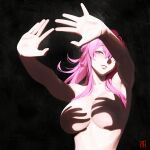  1girl \||/ absurdres arms_up black_background breasts commentary double_\||/ hand_shadow_covering_breasts_(meme) highres honkai:_star_rail honkai_(series) kafka_(honkai:_star_rail) large_breasts medium_hair meme no_nipples nude outstretched_arms purple_hair shadow_censor shizuko_hideyoshi simple_background solo topless_female upper_body 