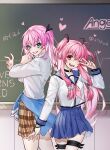  2girls aikawa_megumi angel_beats! chalkboard clothes_around_waist commentary_request company_connection crossover green_eyes hair_tie heaven_burns_red highres key_(company) long_hair looking_at_viewer multiple_girls munzi_pangpang pink_hair sailor sailor_collar school_uniform shirt v white_shirt yui_(angel_beats!) 