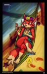  &lt;3 animal_crossing anthro audie_(animal_crossing) beach blonde_hair blue_eyes canid canine canis claws clothing digital_media_(artwork) dress eyewear feet female fur glasses hair hammock hi_res inner_ear_fluff lemonade long_tail mammal nintendo pink_nose red_body red_fur relaxing seaside solo tuft video_games white_body white_fur wolf yourfavoritelemonade 