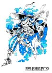  1boy armor art_tools_in_frame artist_logo belt belt_buckle black_mage_(fft) black_mage_(final_fantasy) book buckle cloak commentary copyright_name dated final_fantasy final_fantasy_tactics_advance fingerless_gloves fire full_body gloves greaves hat highres holding holding_weapon logo looking_to_the_side male_focus marker_(medium) pen_(medium) poch4n scan scarf shaded_face signature simple_background sketch solo spot_color staff standing traditional_media weapon white_background witch_hat 