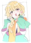  1girl :d blonde_hair braid brown_eyes commentary_request fujita_kotone gakuen_idolmaster green_jacket idolmaster ixy jacket long_hair long_sleeves looking_at_viewer open_mouth smile solo twin_braids 