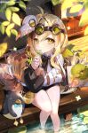  1girl absurdres bird black_shorts blonde_hair blush breasts eating goggles goggles_on_head highres jacket jijae large_breasts long_hair mask mask_on_head open_clothes open_jacket penguin plague_doctor_mask ridge_(stella_sora) shirt shorts solo stella_sora thighs very_long_hair white_shirt yellow_eyes 