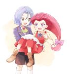  1boy 1girl :d ascot black_shorts blazer blue_eyes blue_hair blue_jacket blue_ribbon blush bow brown_footwear carrying commentary_request dress eye_contact feet_out_of_frame green_eyes hair_bow jacket kojirou_(pokemon) long_hair looking_at_another mei_(maysroom) musashi_(pokemon) open_mouth pink_bow pokemon pokemon_(anime) princess_carry red_dress red_hair ribbon shorts simple_background smile socks standing white_background white_legwear younger 