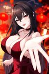  ahoge azur_lane black_choker black_hair blush breasts choker cleavage commentary_request dress fang hair_between_eyes highres huge_breasts long_hair looking_at_viewer nonokuro_no96 offering_hand official_alternate_costume open_mouth party_dress pov red_dress red_eyes sidelocks taihou_(azur_lane) taihou_(forbidden_fruit)_(azur_lane) 