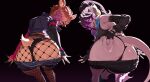  2girls animal_ears ass ass_focus atta_(atta_1129) black_gloves black_panties black_shorts brown_hair clothes_pull commentary deer_ears deer_girl deer_tail detached_sleeves earrings english_commentary fingerless_gloves fishnet_pantyhose fishnets from_behind furry gloves heart heart-shaped_pupils highres horns hypnosis jacket jewelry long_hair looking_at_viewer looking_back mind_control multicolored_hair multiple_girls open_mouth original panties pantyhose pink_eyes pink_hair ponytail purple_eyes purple_hair sharp_teeth short_hair short_shorts shorts shorts_pull smile streaked_hair symbol-shaped_pupils tail teeth thong underwear 