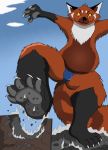  2019 4_fingers 5_toes ailurid anthro building building_damage bulge clothing cloud day fingers fur macro male mammal multicolored_body multicolored_fur plantigrade rampage red_panda sky smile solo toes underwear vegabone yellow_eyes 