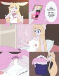 absurd_res anthro apinkgrape balls barely_visible_balls barely_visible_genitalia bed blonde_hair blue_eyes blush bodily_fluids breasts cellphone chris_(neko-eclipse17) comic cum electronics english_text erection fur furniture genital_fluids genitals glamor_to_bare gynomorph hair hi_res intersex lagomorph leporid mammal nipples nude nude_anthro nude_gynomorph on_bed penis phone rabbit smartphone solo speech_bubble stephanie_(neko-eclipse17) text trans_(lore) trans_woman_(lore) wet_dream white_body white_fur