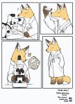 2026 anthro barefoot bodily_fluids canid canine clothing coat comic danbou_kigu digital_media_(artwork) eyes_closed feet fox fur german_text hi_res id_card interrobang lab_coat laboratory_equipment laboratory_glassware male mammal micro microscope petri_dish scientific_instrument simple_background smile solo standing surprised sweat tail text topwear whiskers white_background white_clothing