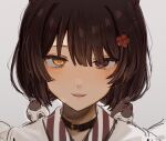  1girl absurdres animal_hair_ornament blush brown_collar brown_hair collar commentary eyelashes fangs film_grain flower grey_background hair_flower hair_ornament heterochromia highres ibuki_(ibuki0118) inui_toko inui_toko_(1st_costume) japanese_clothes kimono long_hair looking_at_viewer low_twintails nijisanji open_mouth portrait red_eyes red_flower simple_background smile solo straight-on striped_clothes twintails untranslatable_commentary virtual_youtuber yellow_eyes 