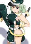  1girl araga_kiwi blank_eyes breasts coat double_bun fold-over_gloves gloves green_hair green_hat green_jacket hair_bun hat highres huge_breasts jacket kame2happa3 large_breasts leoparde_(la_verita)_(mahou_shoujo_ni_akogarete) leoparde_(mahou_shoujo_ni_akogarete) mahou_shoujo_ni_akogarete military_coat military_hat military_jacket mole mole_under_eye nipple_slip nipples no_bra no_pants open_mouth revealing_clothes simple_background single_sleeve solo 