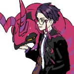  1boy corbeau_(pokemon) glasses harurie highres jacket looking_to_the_side necktie parted_hair pokemon pokemon_legends:_z-a purple_hair scolipede suit suit_jacket white_background yellow_eyes 
