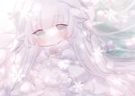  1girl absurdres animal_ears ball bell blue_ribbon blush capelet christmas_ornaments christmas_tree copyright_request dress flower frilled_dress frills fur-trimmed_capelet fur_trim gloves green_eyes grey_flower grey_rose hat highres holding holding_ball long_hair long_sleeves looking_at_viewer merry_milk otsukimico_(42680392) ribbon rose sheep_girl sidelocks snowball snowflakes very_long_hair virtual_youtuber white_background white_capelet white_gloves white_hair white_hat white_ribbon 
