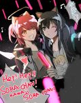  2girls animal_ears arknights black_hair cameo energy_wings english_text exusiai_(arknights) eyebrows_visible_through_hair fake_animal_ears female_doctor_(arknights) glowstick halo highres multiple_girls one_eye_closed red_hair shirt sora_(arknights) speech_bubble t-shirt tianye_toshi wolf_ears 