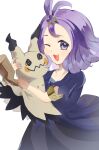  1girl ;d acerola_(pokemon) armlet commentary_request dress happy highres holding holding_pokemon j4ck jewelry medium_hair mimikyu one_eye_closed open_mouth pokemon pokemon_(creature) pokemon_sun_and_moon purple_hair short_sleeves simple_background smile stitches white_background 