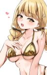  1girl alternate_costume bikini black_bow blonde_hair blush bow braid breasts collarbone commentary_request fang fujita_kotone gakuen_idolmaster gold_bikini hair_bow halterneck heart highres hoshimiya_aki idolmaster long_hair looking_at_viewer medium_breasts navel revision simple_background solo stomach swimsuit twin_braids white_background yellow_eyes 