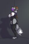 4_tails anthro ball_gag bdsm big_ball_gag binder_(restraint) biped black_nose bondage bondage_gear bondage_gloves bound brown_hair canid canine clothing corset countershade_face countershade_fur countershade_torso countershading eyebrows female fox fur gag gagged grey_body grey_fur hair handwear hi_res inside legbinder lingerie long_hair mammal multi_tail plantigrade ponytail raevild restraints rope rope_bondage solo tail topwear white_body white_countershading white_fur