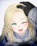  1boy 1girl :d absurdres amashun aqua_eyes black_gloves blonde_hair blue_coat coat commentary_request dated diana_(pragmata) gloves hands_up headpat highres hugh_williams long_hair looking_at_viewer lower_teeth_only one_eye_closed open_mouth padded_coat padded_gloves pov pragmata puffy_coat signature smile spacesuit teeth upper_body vignetting 