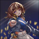  1girl anya_melfissa blonde_streaks blue_jacket blue_nails blue_shirt blurry blurry_background brown_hair commentary cropped_shirt english_commentary glowstick gradient_hair hair_ornament hairclip highres hiromiyomu hololive hololive_indonesia jacket kris_hair_ornament long_sleeves looking_at_viewer medium_hair midriff multicolored_hair nail_polish navel official_alternate_costume official_alternate_hairstyle open_mouth penlight_(glowstick) purple_eyes shirt side_ponytail skirt smile solo stage_lights streaked_hair teeth two-tone_hair upper_teeth_only virtual_youtuber wavy_sidelocks white_skirt 
