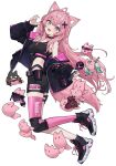  1girl :d absurdres animal_ears antenna_hair belt belt_pouch black_belt black_choker black_jacket black_shirt black_shoes black_shorts braid braided_bun breasts choker colored_shoe_soles crown_braid double-parted_bangs double_bun full_body hair_bun hair_ornament hakui_koyori hand_up highres holding holding_microphone hololive jacket knee_pads long_hair looking_at_viewer medium_breasts microphone official_alternate_costume open_mouth pink_hair pink_thighhighs pouch purple_eyes shirt shoes short_shorts shorts sidelocks simple_background single_knee_pad single_off_shoulder single_thighhigh smile sneakers solo tail thighhighs tsukino_(nakajimaseiki) very_long_hair virtual_youtuber white_background wolf_ears wolf_girl wolf_tail x_hair_ornament 