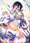  1girl absurdres ahoge bangs bare_shoulders black_hair blue_eyes blue_ribbon blush breasts collarbone dress fate/grand_order fate/requiem fate_(series) fundoshi high_heels highres japanese_clothes jewelry large_breasts legs long_sleeves looking_to_the_side magatama magatama_hair_ornament medium_hair multicolored_hair navel necklace okoru_ringo open_mouth pelvic_curtain pink_hair polearm puffy_long_sleeves puffy_sleeves ribbon short_dress sideboob sideless_outfit spear streaked_hair thighs utsumi_erise water water_drop weapon white_dress white_legwear 