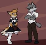 2026 4_toes 5_fingers :< angry anthro balthy_(suitedwolfie) belt biped black_belt black_bow_tie black_clothing black_eyebrows black_footwear black_nose black_outline black_shoes black_topwear bottomwear bow_tie brown_background brown_body brown_bottomwear brown_clothing brown_ear_tips brown_fur brown_nose brown_pants buckle canid canine canis cheek_tuft chibi cigarette cigarette_in_mouth clothing crossed_arms digital_drawing_(artwork) digital_media_(artwork) digitigrade dipstick_ears dipstick_tail dress_shoes duo ear_markings eye_bags eyebrows eyelashes facial_tuft feet fingers five_o'clock_shadow footwear fox fur furgonomics gloves_(marking) grey_body grey_ears grey_fur grey_hair grey_tail hair happy head_tuft hi_res holding_clothing holding_object inner_ear_fluff k_(suitedwolfie) legwear looking_at_viewer maid_uniform male mammal markings mole_(marking) multicolored_body multicolored_ears narrowed_eyes northwestern_wolf object_in_mouth orange_body orange_ears orange_fur orange_hair orange_tail outline pants pattern_background plantigrade pupils raised_leg red_fox shaded shirt shoes simple_background slit_pupils smoking smoking_cigarette socks sparkles sparkling_eyes standing suitedwolfie tail tail_markings thigh_highs thigh_socks toes topwear true_fox tuft uniform white_body white_clothing white_eyes white_footwear white_fur white_legwear white_sclera white_shirt white_socks white_tail_tip white_thigh_highs white_thigh_socks white_topwear wolf