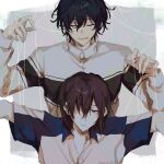  2boys behind_another black_eyes black_hair blue_shirt border brown_hair closed_eyes collared_shirt commentary_request expressionless eyelashes fingernails fuji_shuusuke grey_background hair_between_eyes hair_over_one_eye hands_up highres irregular_border jacket long_sleeves looking_at_viewer male_focus mizuki_hajime multicolored_jacket multiple_boys open_mouth outside_border pale_skin partially_unbuttoned portrait puppet_strings shirt short_hair short_sleeves straight-on tennis_no_ouji-sama track_jacket two-tone_jacket two-tone_shirt u_u upper_body wavy_hair white_border white_jacket white_shirt zipper_pull_tab zon_(znzn) 