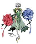  1boy epaulettes flower green_pants hair_over_one_eye harurie headset highres humanization mask masquerade_mask midriff_peek pants pokemon red_eyes rose roserade sash shoes short_hair socks spiked_hair very_short_hair waist_cape white_hair white_socks yellow_shoes 