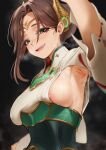  1girl absurdres alexandria_(xenoblade) armpit_crease armpit_cutout braid braided_bun clothing_cutout english_commentary eyeliner hair_bun headpiece highres looking_at_viewer makeup nipple_slip nipples padoruu pink_eyeliner smile solo steam sweat updo upper_body xenoblade_chronicles_(series) xenoblade_chronicles_3 