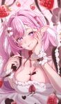  1girl apron breast_rest breasts chocolate chocolate_on_body chocolate_on_breasts cleavage commentary_request diamond-shaped_pupils diamond_(shape) elf elysia_(hi_love_elf)_(honkai_impact) elysia_(honkai_impact) food food_on_body fruit fu_oekakiman highres honkai_(series) honkai_impact_3rd large_breasts long_hair looking_at_viewer multicolored_hair pink_hair pointy_ears purple_eyes revision smile solo strawberry symbol-shaped_pupils tongue tongue_out two-tone_hair very_long_hair white_apron white_hair 