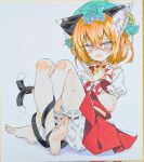  1girl animal_ear_piercing animal_ears barefoot bloomers blush bound bound_wrists bow bowtie brown_hair cat_ears cat_tail chen commentary_request fang green_hat hair_between_eyes hat highres looking_at_viewer medium_hair mob_cap multiple_tails nekomata open_mouth puffy_short_sleeves puffy_sleeves red_skirt red_vest seika_okawari shikishi short_sleeves skin_fang skirt solo tail toes touhou traditional_media two_tails vest white_bloomers yellow_bow yellow_bowtie 